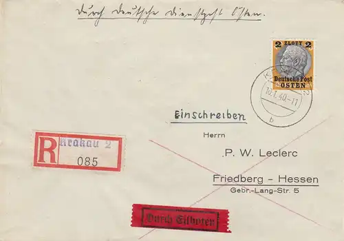 GG: Eilboten Einschreiben Krakau nach Friedberg. Porto 188Gr.