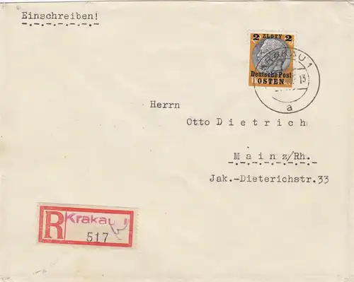 GG: Einschreiben Krakau, portogerecht: 60+50 plus je 30Gr je weitere 20gr