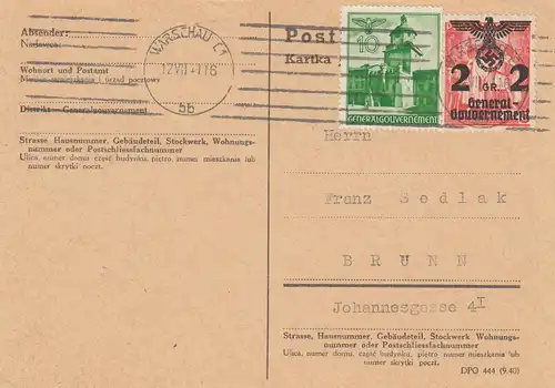 GG: Postkarte, portogerecht von Warschau nach Brunn