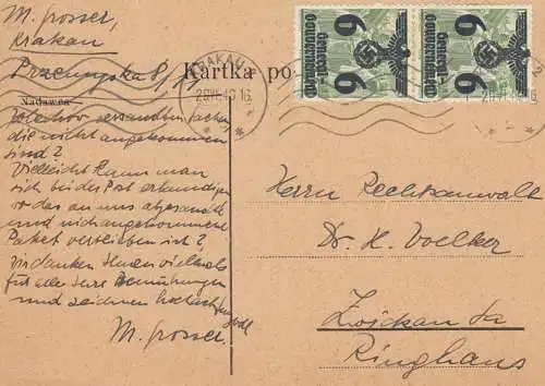 GG: Postkarte mit MeF Krakau nach Zwickau