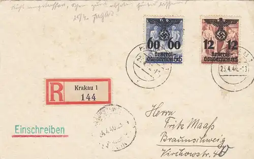 GG: Portogerechte Einschreiben - Postkarte von Krakau nach Braunschweig