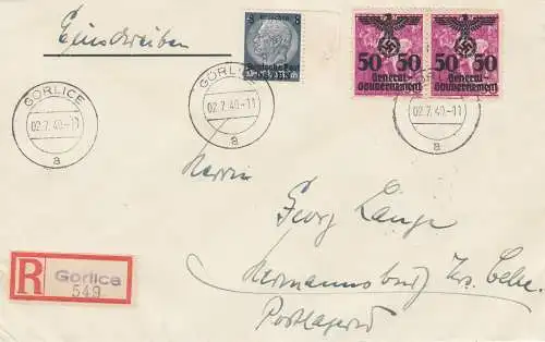 GG: Portogerechter Einschreibebrief von Gorlice nach Hermansburg, 2. Gew. Stufe