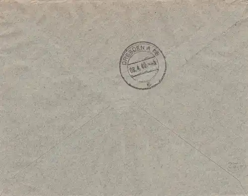 GG: lettre recommandée Cracovie 1, 6.IV.40 selon Dresde