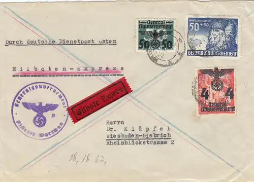 GG: portogerechte MiF#38, Dienstbrief Eilboten Warschau nach Wiesbaden