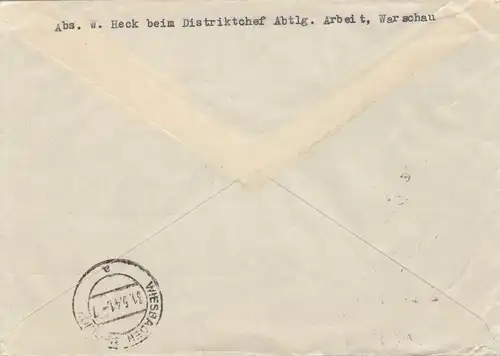 GG: porto-fair MiF#38, lettre de service Eilboten Varsovie vers Wiesbaden