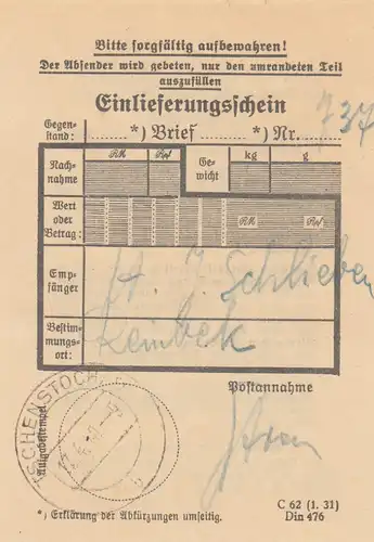 GG: #38 MiF, Einschreiben Tschenstochau mit Einlieferungsschein nach Reinbek