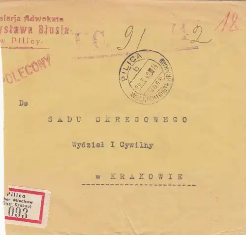 GG: Briefteil, Einschreiben Pilica nach Krakau, portogerecht