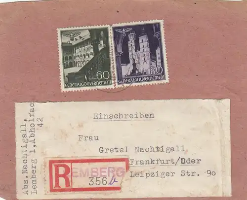 GG: Päckchen Ausschnitt Einschreiben Lemberg nach Frankfurt, portogerecht