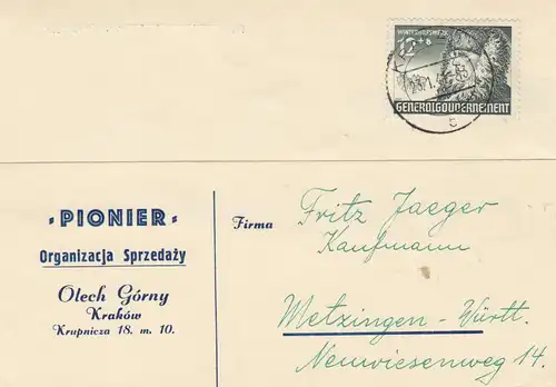 GG: EF de 12Gr sur carte postale Cracovie-Metzingen