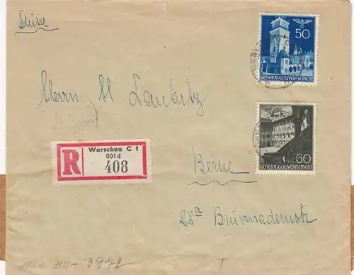 GG: Lettre recommandé Varsovie sur lettre à Berne avec censure, porto-juste
