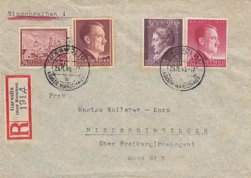 GG: MiF auf portogerechtem Brief Garwolin nach Niederrimsingen, E-Schein