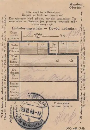 GG: MiF sur lettre de porto juste Garwolin à Niederrimsingen, E-Schein