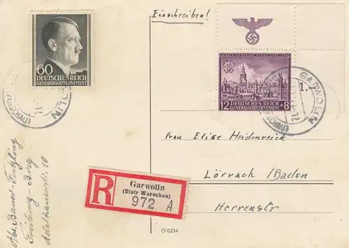 GG: carte postale pour correspondance porto-favorable Garwolin vers Lörrach, HHZ