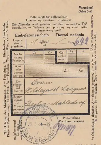 GG: Lublin 1Zl. MiF, portogerecht als Einschreiben Garwolin -Freiburg, E-Schein