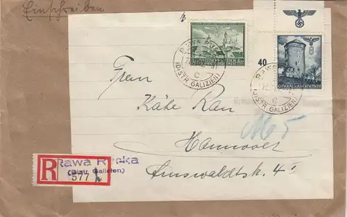 GG: Lublin 1Zl MiF, porto juste comme lettre recommandée Rawa Ruska à Hanovre, Eck