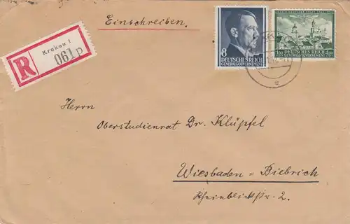 GG: Lublin 1Zl. MiF, portogerecht als Einschreiben Krakau nach Biebrich