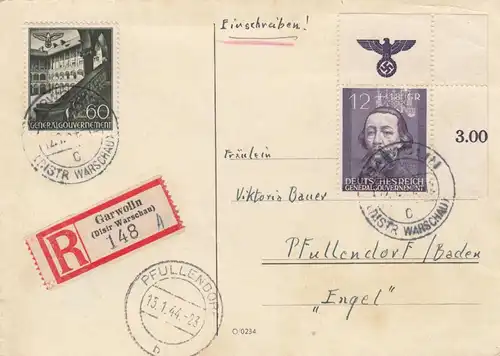 GG: Carte avec MiF Allemande significative, portojuste Garwolin vers Pfullendorf