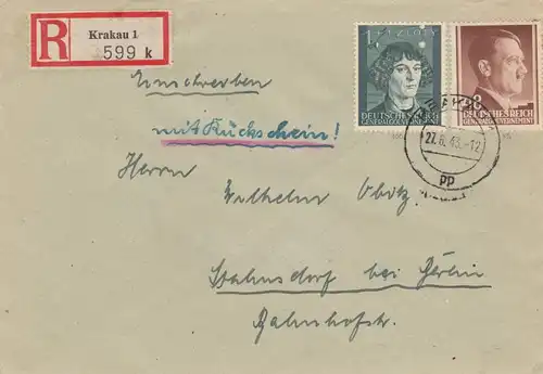 GG: MiF, Bedeutende Deutsche, R-Rückschein Krakau-Stahnsdorf, Porto 144