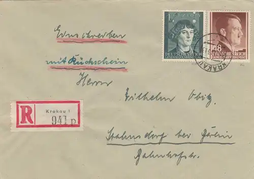 GG: Bedeutende Deutsche MiF, R-Rückschein Krakau-Stahnsdorf, Porto 144