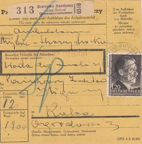 GG: Carte de paquet intérieur de marchandises de barrage Karzysko-Kamienna vers Kielce