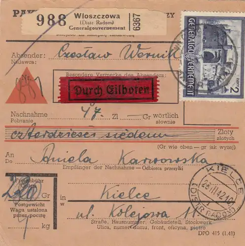 GG: Inlandspaketkarte Nachnahme Eilboten Wloszczowa nach Kielce