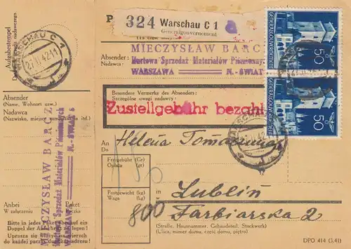 GG Inlandspaketkarte Warschau mit schöner MeF nach Lublin