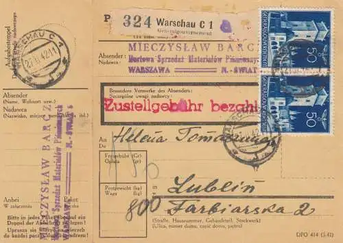 GG Inlandspaketkarte Warschau mit schöner MeF nach Lublin