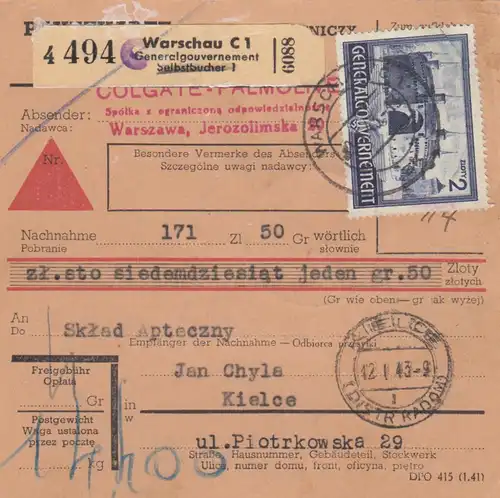 GG Inlandspaketkarte Warschau,Selbstbucher, Nachnahme,  MeF 2 Zloty nach Kielce