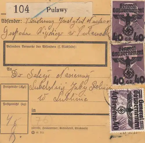 Carte de paquets intérieurs GG Pulawy vers Lublin, carte précoce