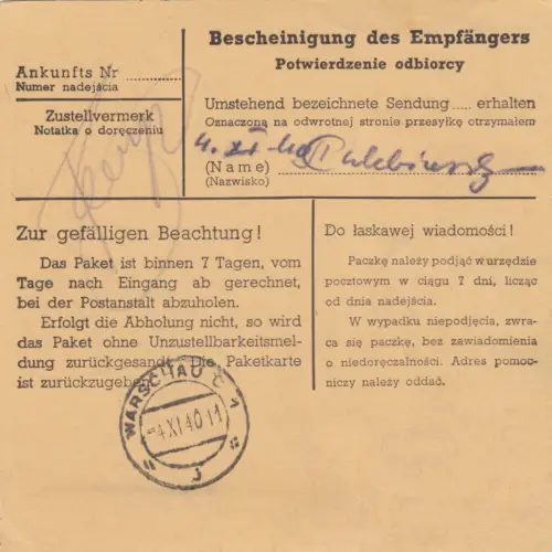 Carte de paquet intérieur GG Brzostek vers Varsovie, Blanko PNZ