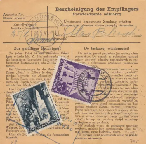 GG Inlandspaketkarte Warschau, B-Beutelpost, Landzustellung vor Ort erhoben 40Gr