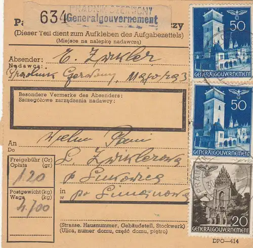 Carte de paquet intérieur GG PNZ avec G GD Pradnik Czerwony-Lukowica, 30Gr. collectées sur place