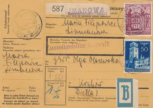 GG Inlandspaketkarte Limanowa mit Beutelpost nach Krakau