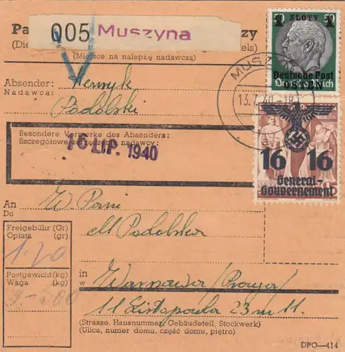 GG Inlandspaketkarte Muszyna, Blanko PNZ nach Warschau
