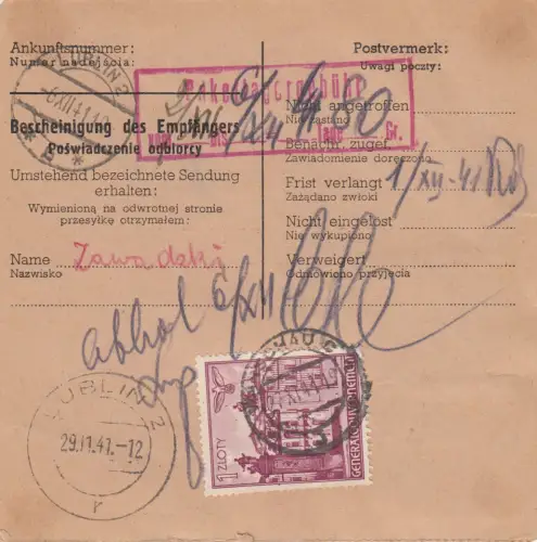 GG Inlandspaketkarte Warschau als Nachnahme nach Lublin, Lagergebühr 80Gr