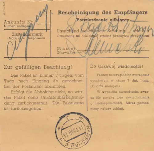 Carte de paquet intérieur GG Cracovie - pour 2 paquets !!! vers Varsovie, BPP Signature