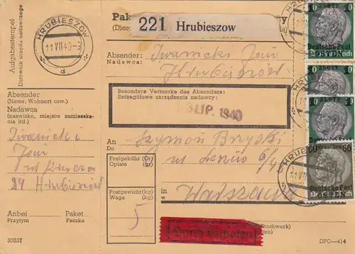 GG Inlandspaketkarte Hrubieszow als Eilboten nach Warschau, BPP Signatur