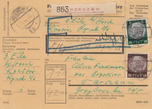 Carte de colis intérieur GG Rzeszow à Varsovie, faussement notifiée