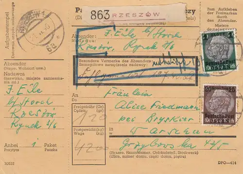 GG Inlandspaketkarte Rzeszow nach Warschau, Fehlgemeldet