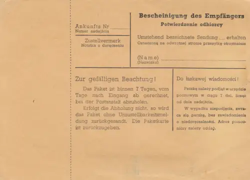 GG Inlandspaketkarte Rzeszow nach Warschau, Fehlgemeldet