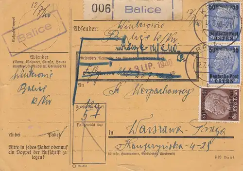 Carte de colis intérieur de GG Balice à Varsovie, fausse notification