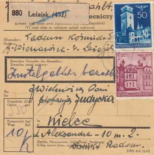 Carte de paquets intérieurs GG Poln. PNZ (Paketpackspapers) Lezajsk vers Kielce