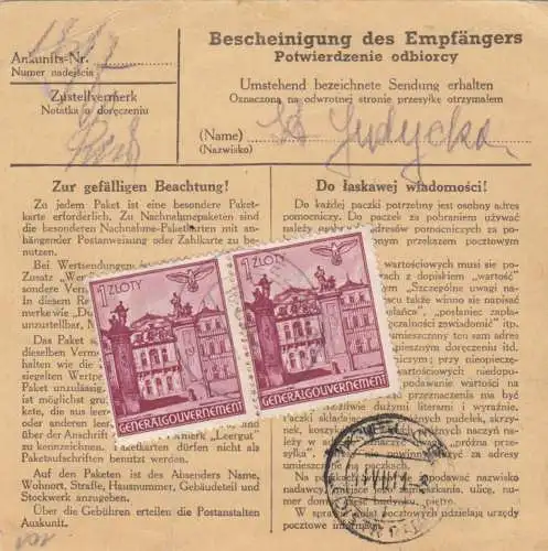 Carte de paquets intérieurs GG Poln. PNZ (Paketpackspapers) Lezajsk vers Kielce