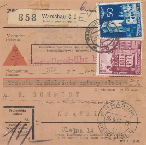 GG Inlandspaketkarte Warschau, Nachnahme nach Krasnik, Paketlagergebühr Rahmen