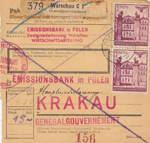 Carte de paquet intérieur de Varsovie Bank d'émission après Cracovie