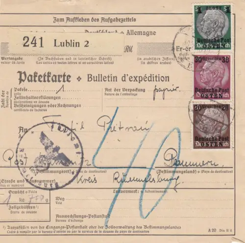 Carte de colis international GG Lublin vers Rümmelsburg/Poméranie