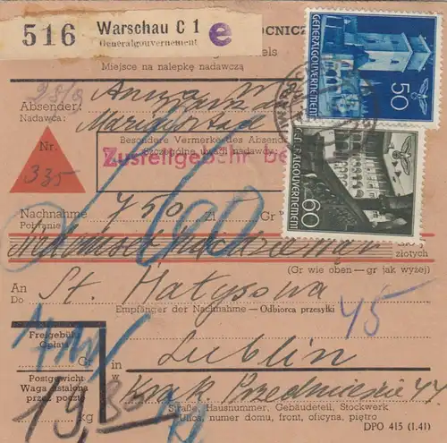 GG: Inlandspaketkarte Warschau, Nachnahme, Lagergebühr 60Gr, Lublin