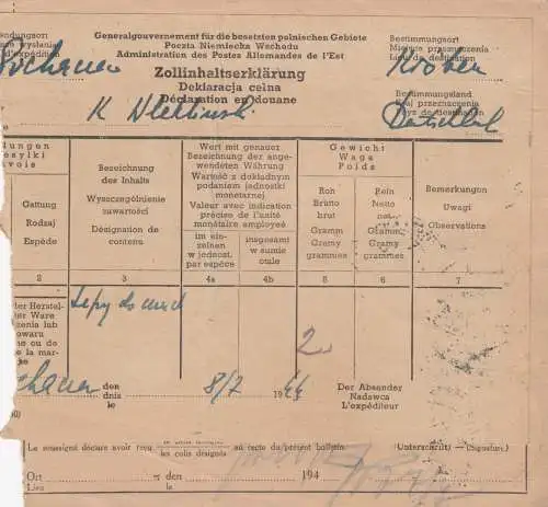 GG: Carte colis international Sochaczew par Kroben, Douane 40Gr