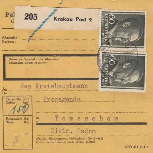 GG: Carte de colis intérieur: PNZ: Cracovie Post 2 à Kreiskaitmann Tomasov