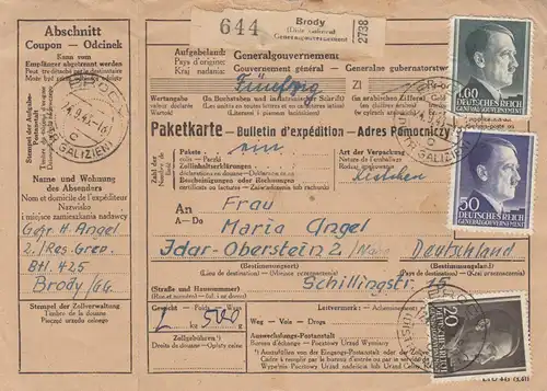 GG: Carte de colis international avec carte de paquets d'urgence Brody vers Idar Oberstein, Feldpost